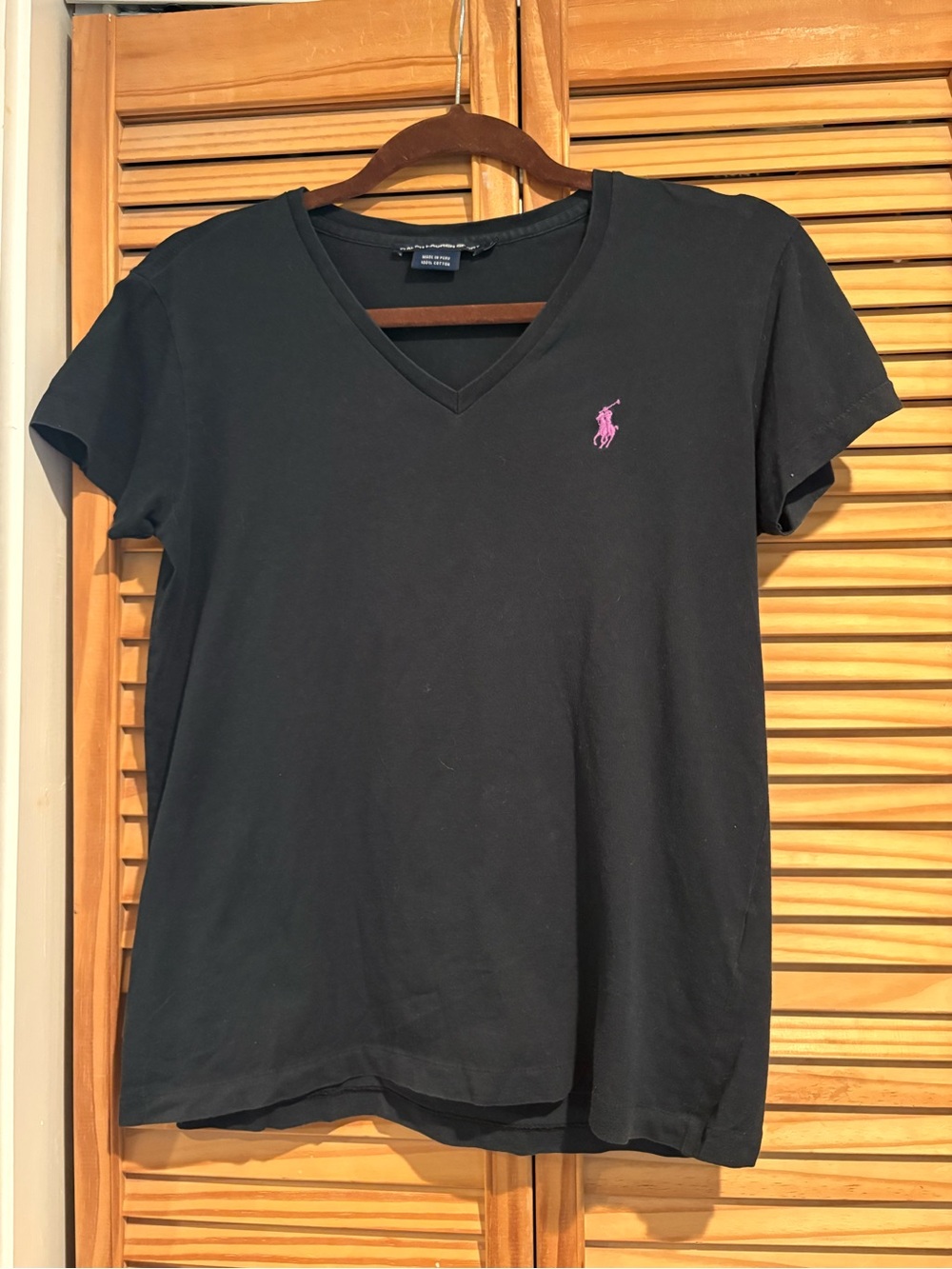 Ralph Lauren Sport Black V-Neck Tee with Pink Pony Logo Preppy Athleisure